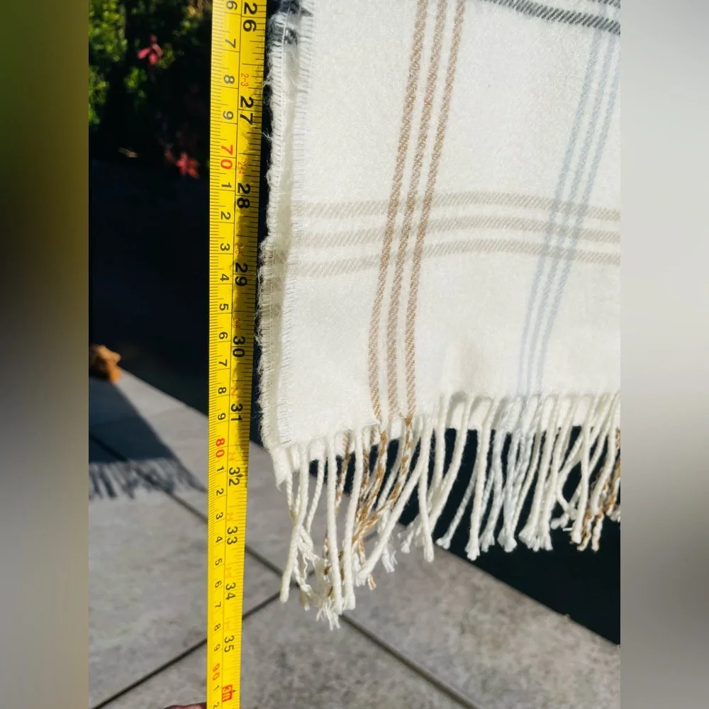 100% CASHMERE European Fringed Plaid Cream Scarf